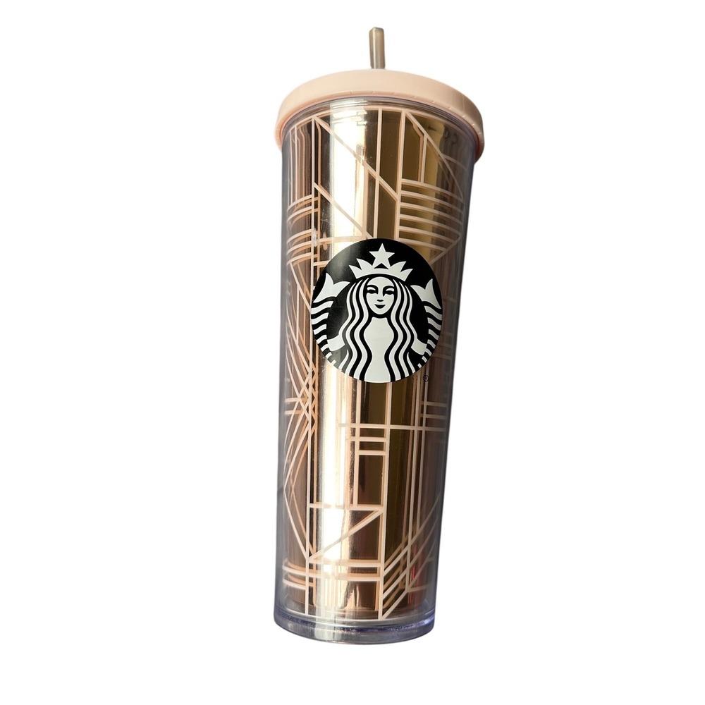 Starbucks Rose Gold Art Deco Geometric Venti Tumbler 24oz Cold Cup with Straw